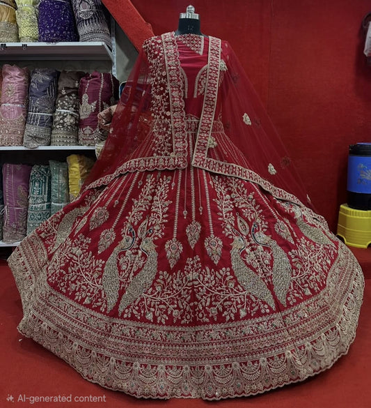 Handwork 10 Meter Big Flair Pure Raw Silk Maroon Cherry Red Rani Hot Pink Latest New Bridal Lehenga