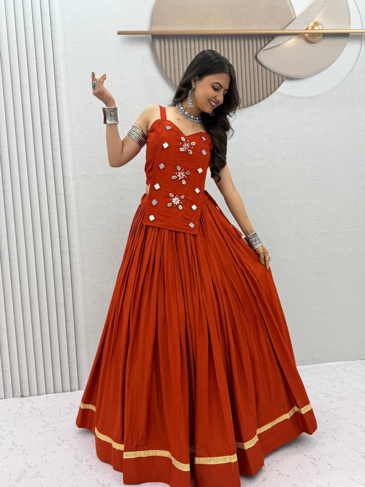 Navratri Special Cotton Handwork Real Coding & Mirror Work Lehenga With Stitched Blouse