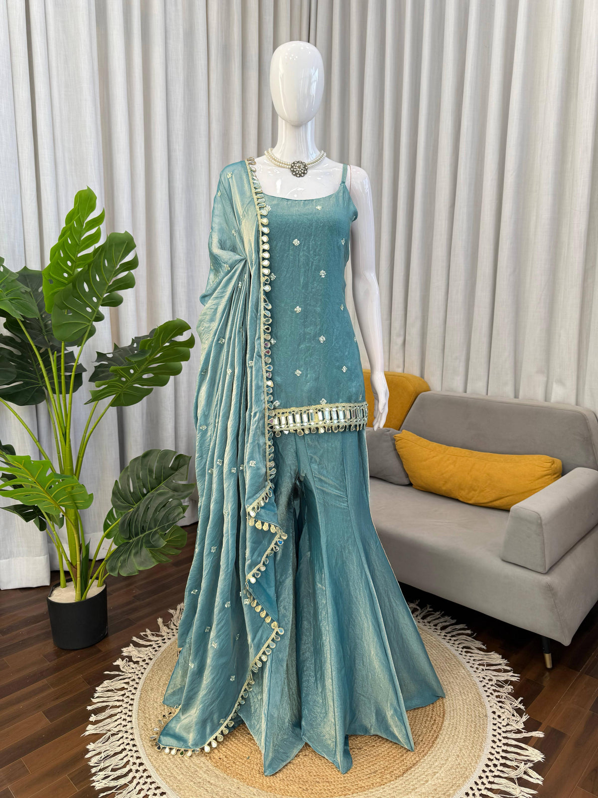 Party-wear Fendy Silk Thread & Sequence With Real Mirror Work Suit