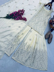 Designer Party-wear Natural Crepe Embroidery Sequence Suit