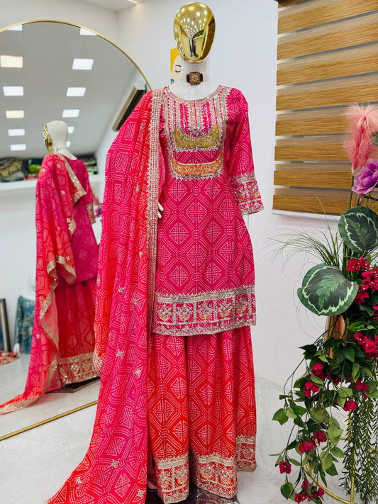 Party-wear Chinon Silk Printed With Embroidery Sequence Work Sharara