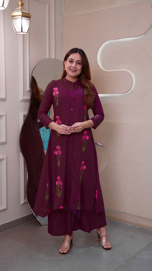 Stylish Rayon Embroidery Work Long Flair Kurti With Palazzo