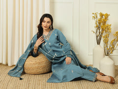 Beautiful Roman Silk With Embroidery With Sequence Work Denim Blue Dress