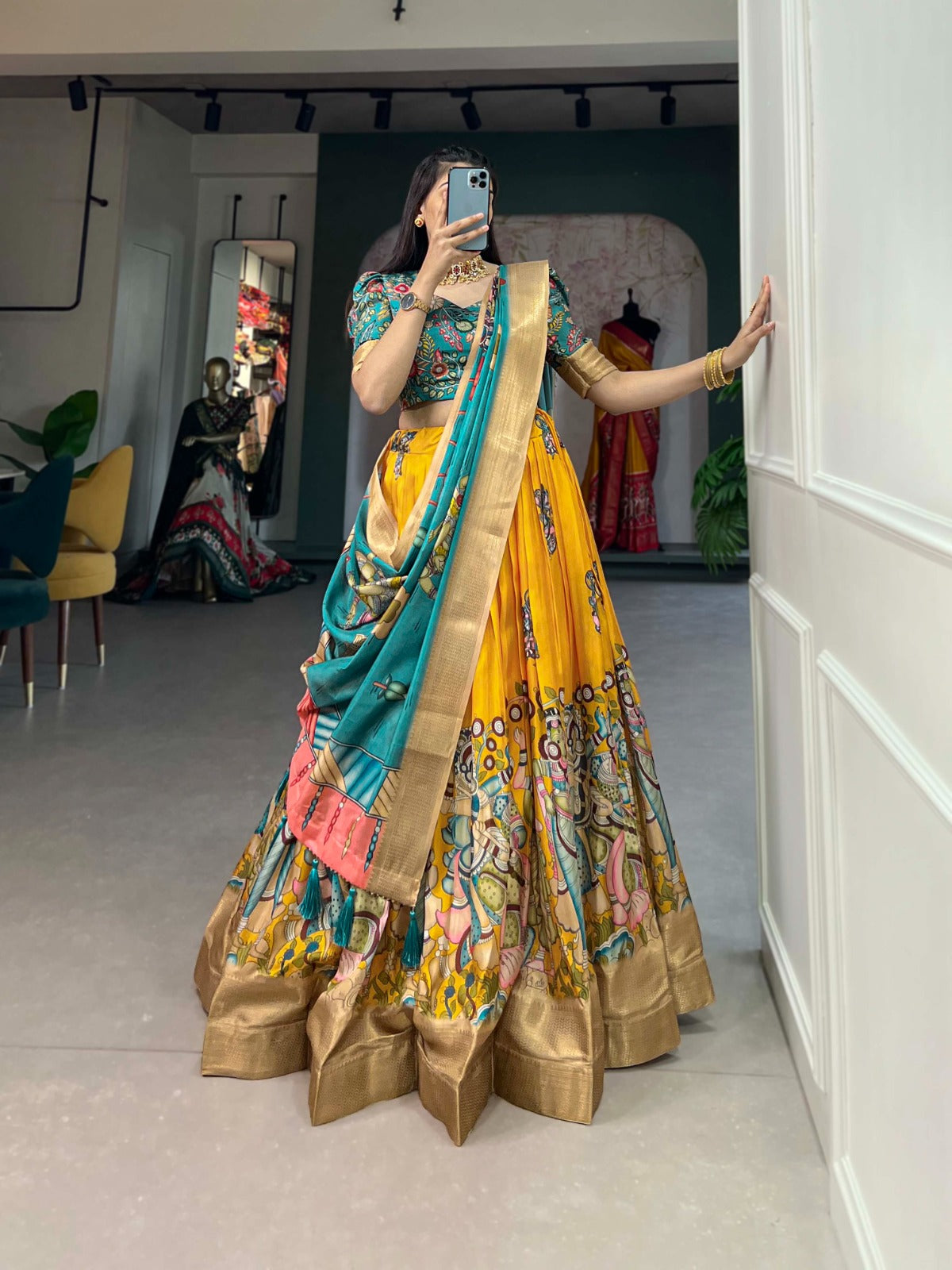 Beautiful Dola Silk Kalamkari Print With Weaving Border Lehenga Choli