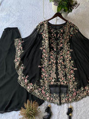 Indo Western Georgette Sequence Embroidery Work Kurta Palazzo With Shrug