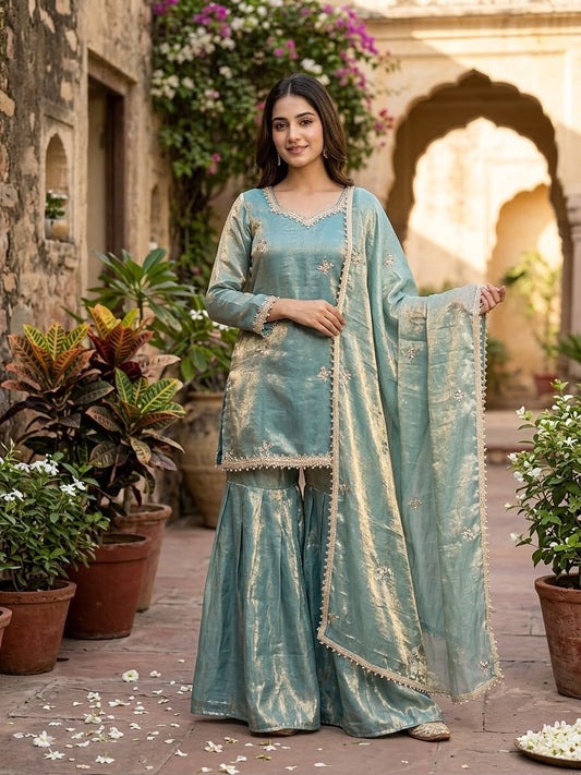 Party-wear Fendy Silk Embroidery Sequence & Real Mirror Work Sharara
