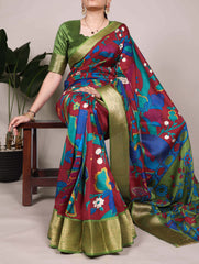 Beautiful Tussar Silk Printed With Zari Weaving Work Saree