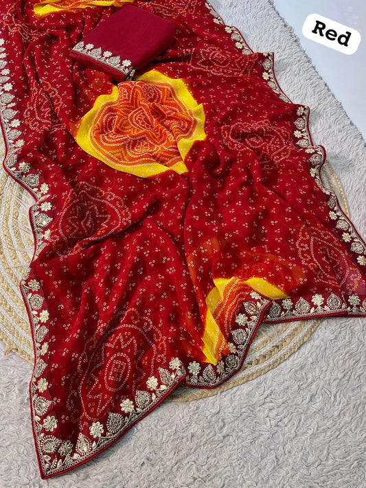 Beautiful Soft Georgette Bandhej With Gotapatti Sequence Coding Saree