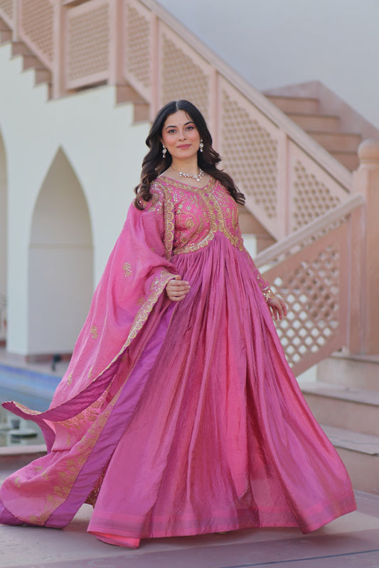 Viral Trending Gold-Crush Fabric With Sequence Multi Embroidered Work Gown