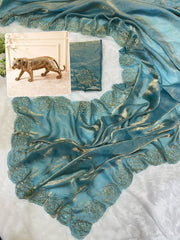 Party-wear Designer Fendy Satin Silk khatli Cut Dana Handwork Saree