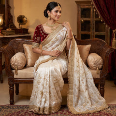 Designer Pure Space Silk Gold Beeds Work Saree