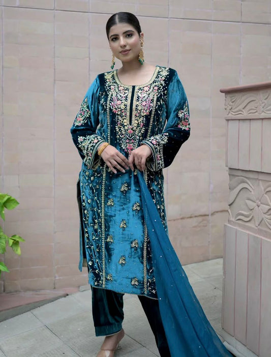 Designer  Heavy Pure Viscose Velvet Embroidery Sequence Work Suit