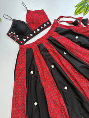 Navratri Special Ajrakh Cotton With Slub Cotton Mirror Work Lehenga With Stitched Blouse