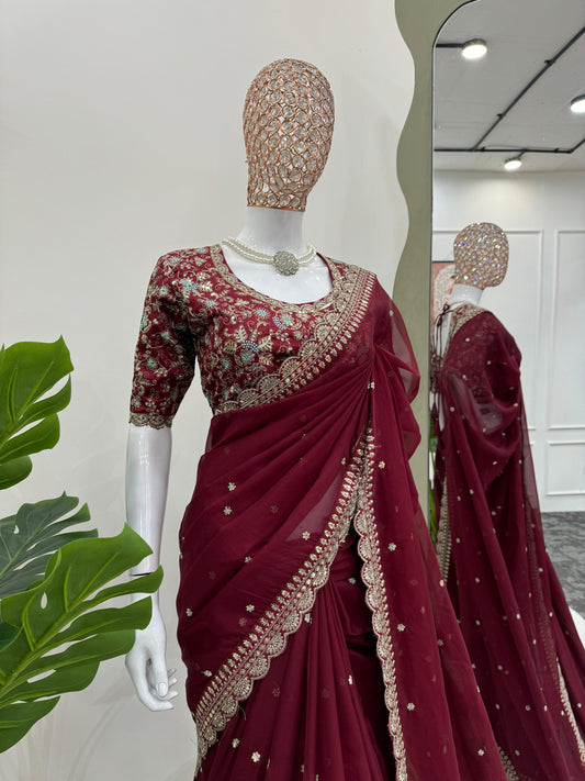 Party-wear Tibby Silk Thread With Sequence Work Saree