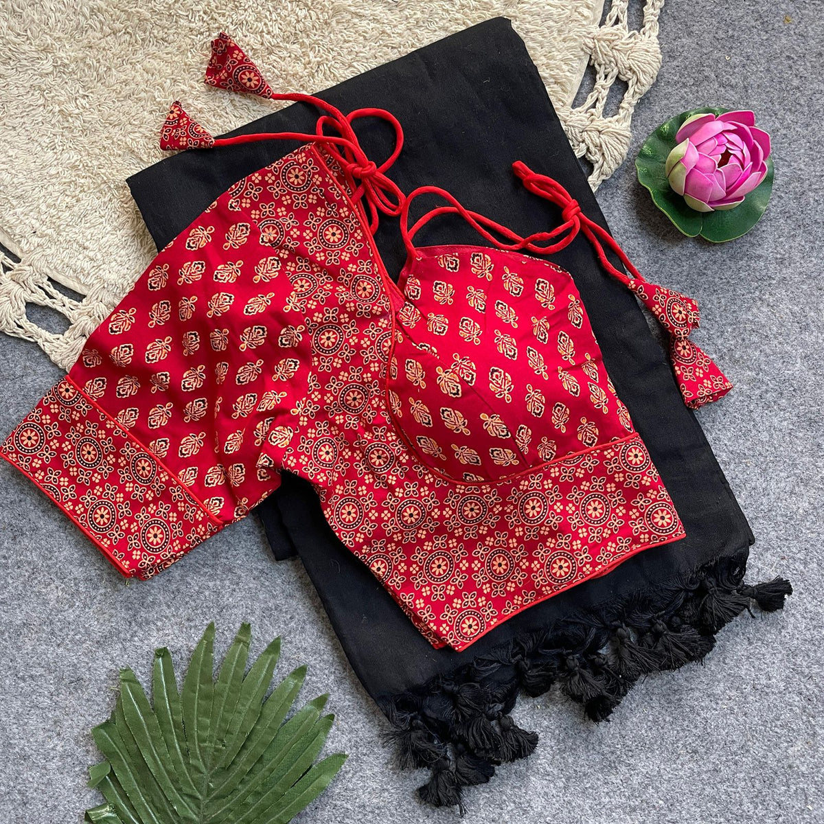 Beautiful Khadi Cotton Silk Saree With Designer Ready-made Ajrakh Cotton Blouse