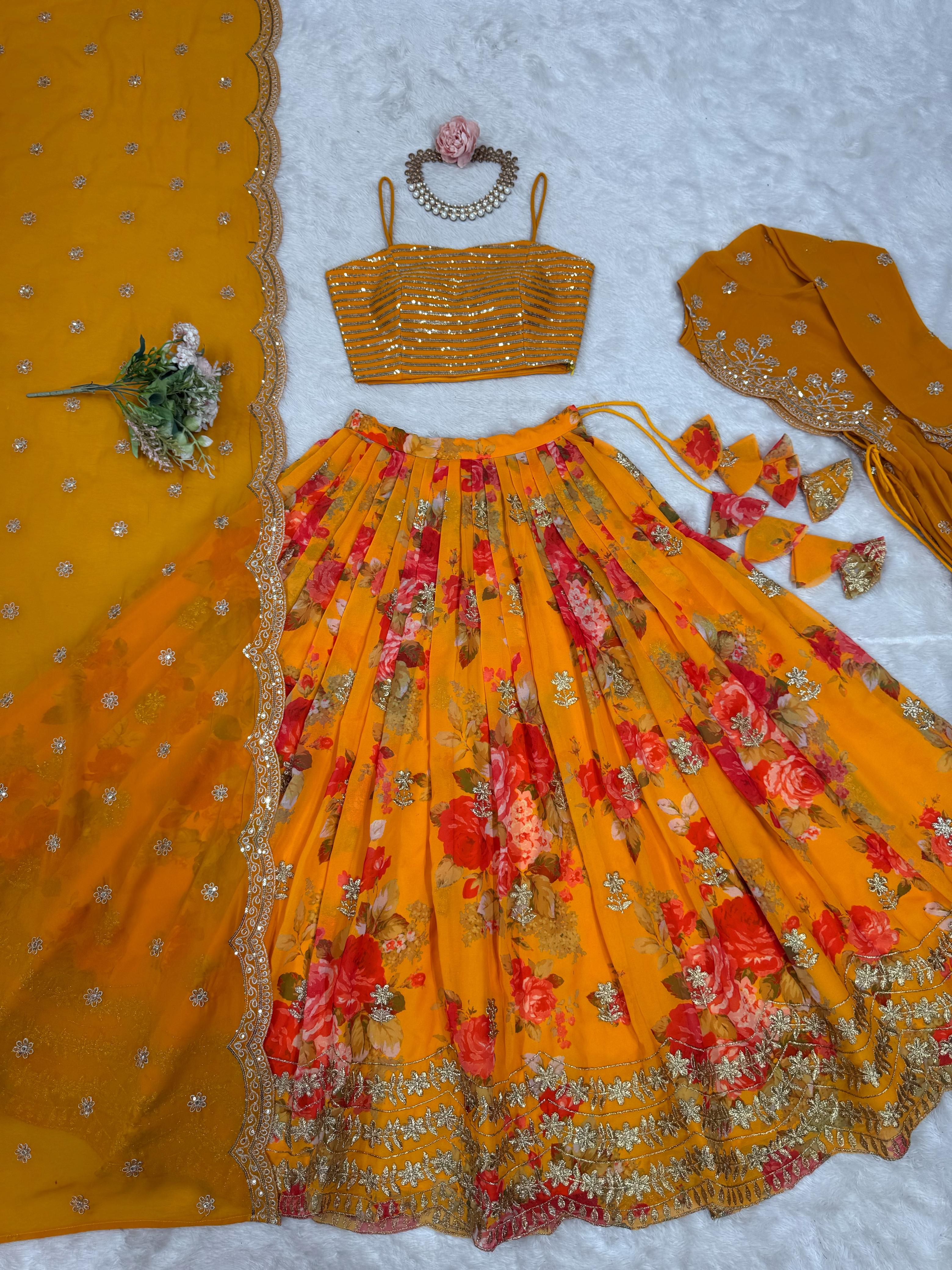 Trendy Stylish Georgette With Digital Printed Yellow Lehenga Choli