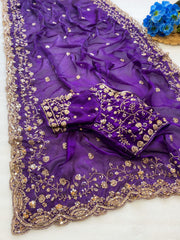 Beautiful Space Silk With Beautiful Original Golden Beads Work Saree With Stitched Blouse