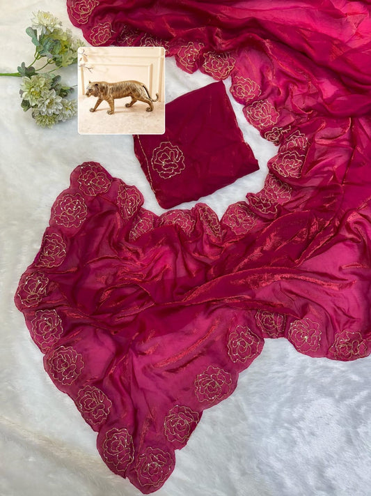 Party-wear Designer Fendy Satin Silk khatli Cut Dana Handwork Saree