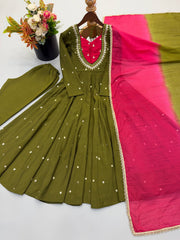 Elegant Roman Silk Real Mirror Embroidery Work Gown