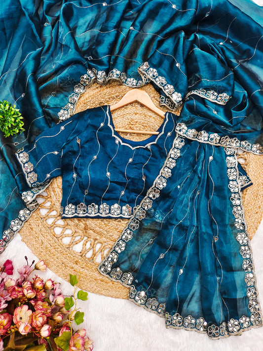 Party-wear Beautiful Soft Burberry Silk Embroidery & Real Mirror Work Saree