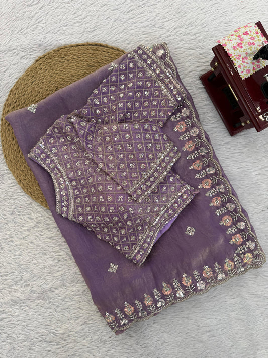 Trending Designer Cherry Red Fendy Silk Beads Thread & Sequence Work Saree