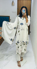 Beautiful Rayon Lotus Motifs Embroidery Work Kurta Set