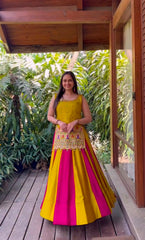 Navratri Special Wear Mustard Yellow Lehenga Choli With Embroidered Shrug