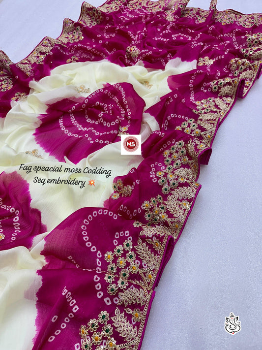 Beautiful Pure Chinon Bandhani Printed Work Saree