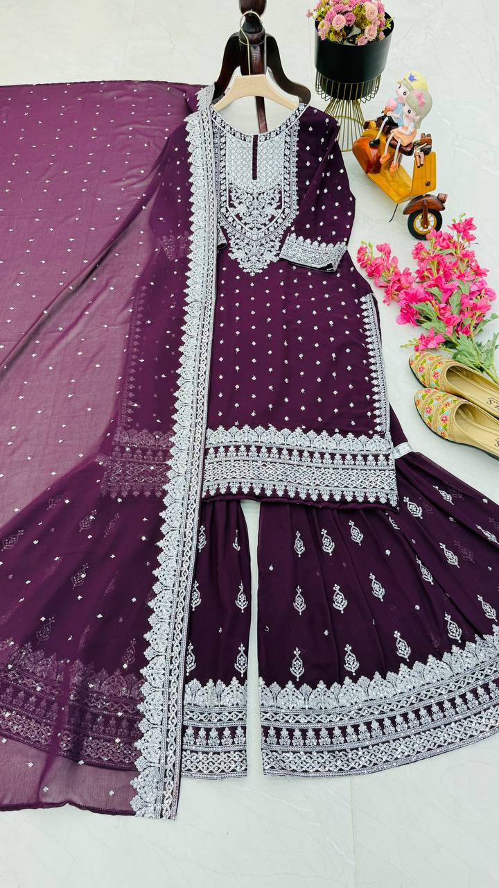 Designer Party-wear Embroidery & Sequence Work Sharara Suit