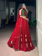 Navratri Nights Special Bandhej Print On Satin Chiffon Gotta Patch Work Lehenga With Stitched Choli
