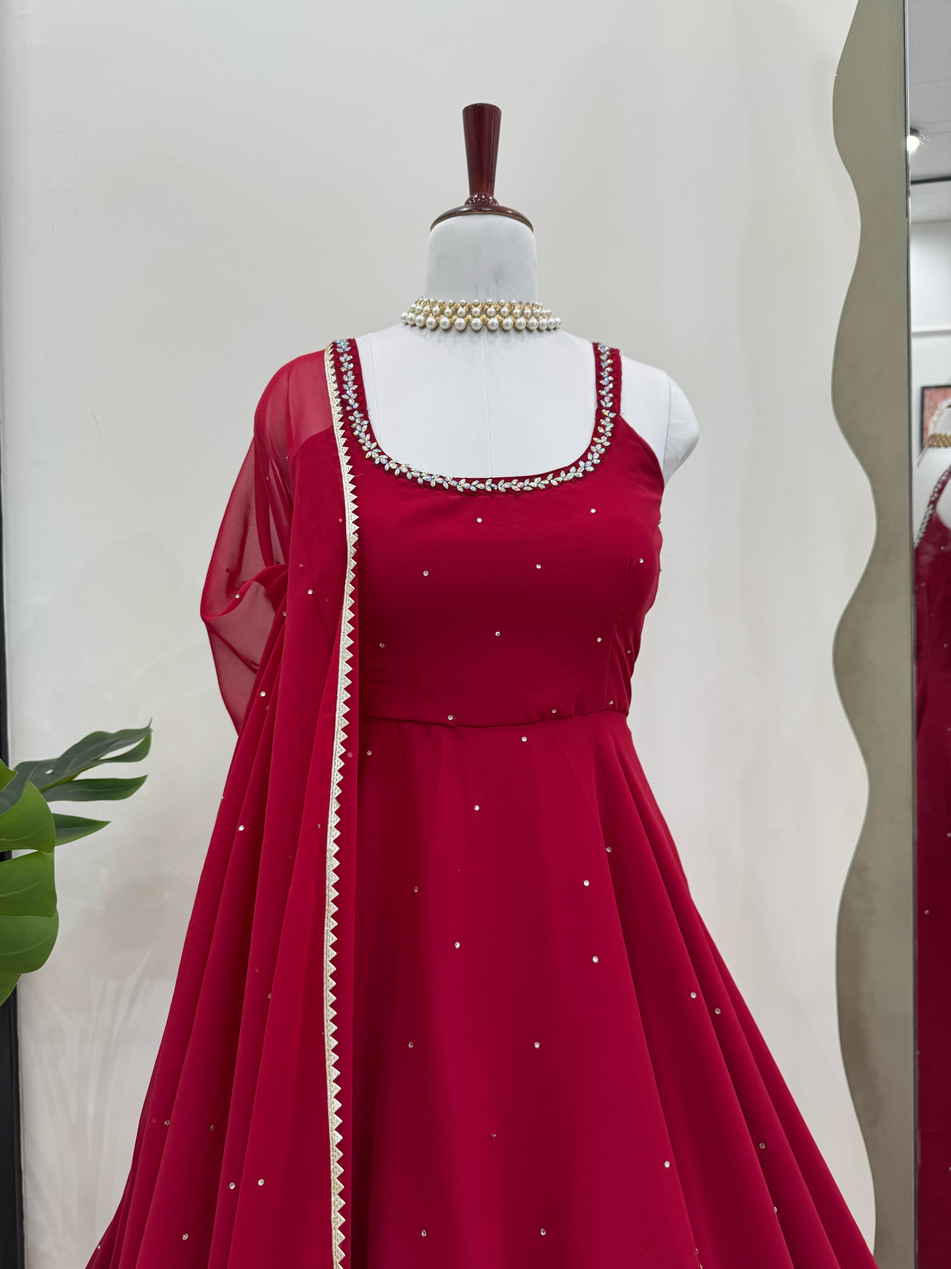 Beautiful Red Georgette Thread With Real Mirror With Diamond Work Gown
