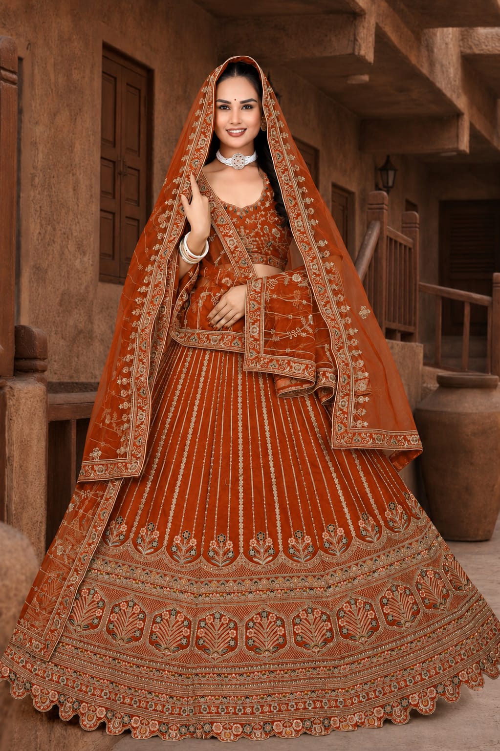 Rust Orange Trending Premium Silk With Zarkan Diamond & Embroidery Work Bridal Lehenga