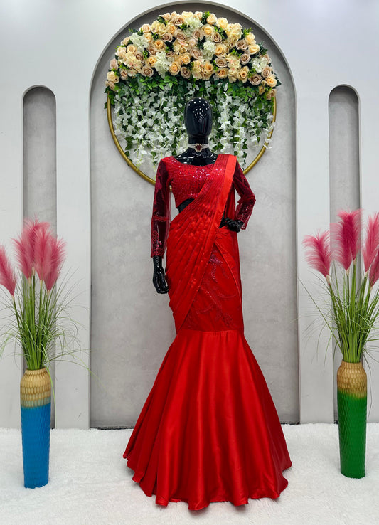 Designer Party-wear Satin Silk Thread With Sequence Work Lehenga Saree