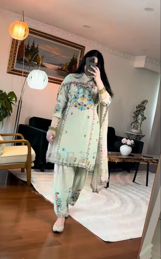 Designer Party-wear Chinnon Silk Embroidery & Sequence Work Dress