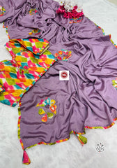 Beautiful Chinon Silk Embroidery & Handwork Saree With Stitched Blouse