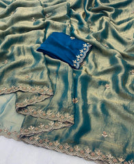 Party-wear Fendy Chiffon Flower Embroidery With Hand Moti Work Saree