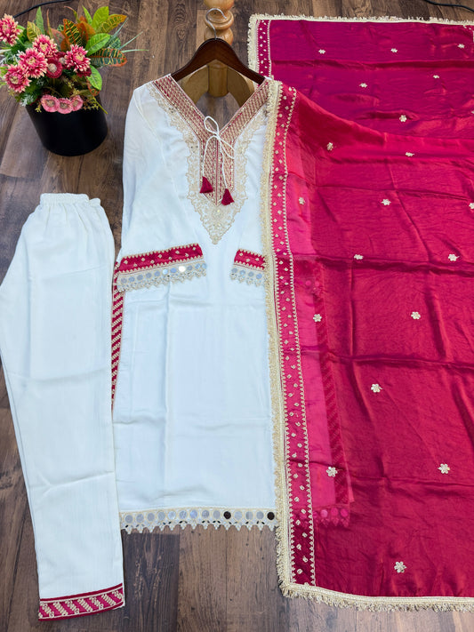 Beautiful Chinon Silk With Real Mirror & Moti Work Salwar Suit