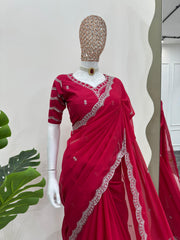 Royal Red Tibby Silk Thread & Sequence Work Saree