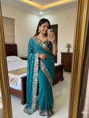 Beautiful Georgette Sequence With Cutwork Border Saree