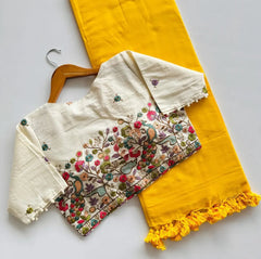 Beautiful Khadi Cotton Saree With Heavy Embroidery Work Stitched Blouse