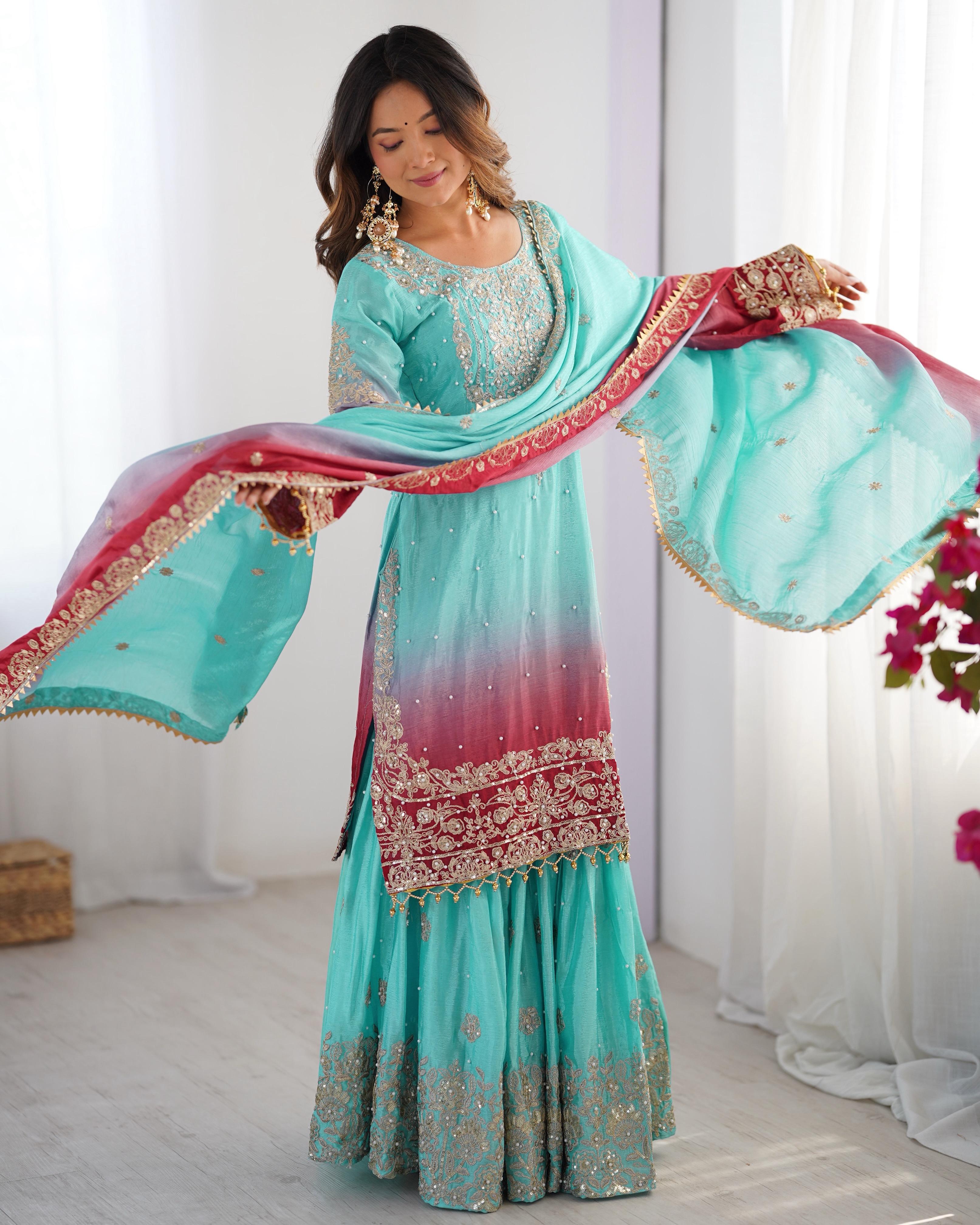 Beautiful Designer Chinon Silk Sequence With Rivet Moti Work Sharara