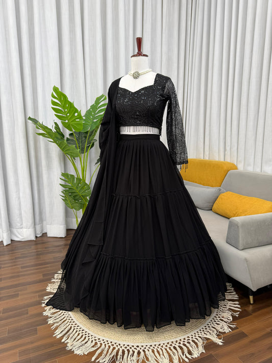 Trendy Black Ruffle Style  Georgette Work Lehenga Choli