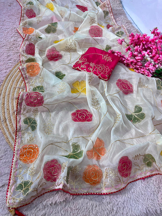 Beautiful Moss Chainstiched Zaal & Sequence Work Saree