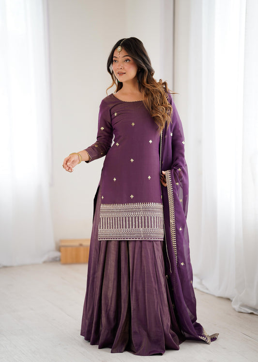 Elegant Wine Purple Chanderi Silk Embroidery Kurta Lehenga Set With  Dupatta