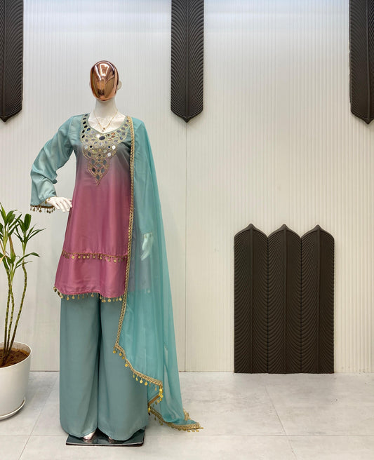 Beautiful Printed Crepe Mirror & Embroidery Work Suit