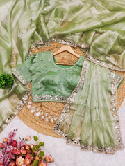 Trending Party-wear Soft Burberry Silk Embroidery & Real Mirror Hand Work Saree