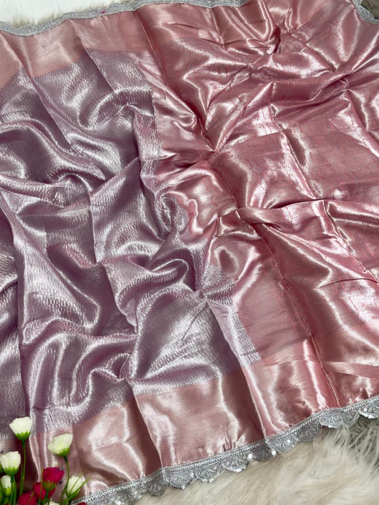 Beautiful Soft Pastel Pink Banarasi Tissue Silk Saree