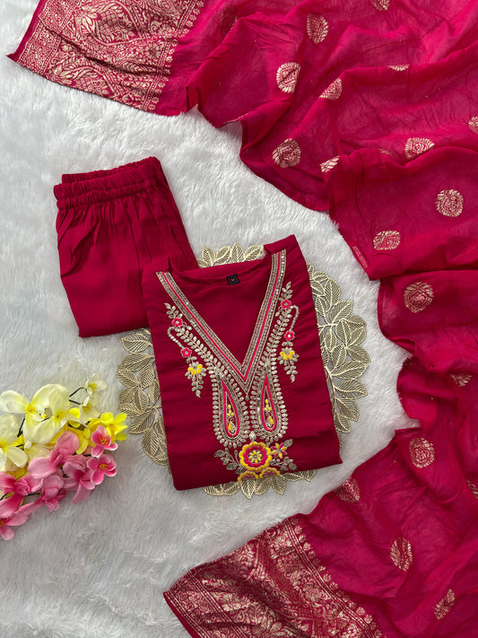 Beautiful Roman Silk Embroidery With Sequence Work Pink Dress