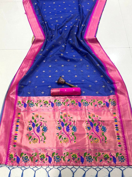 Beautiful Soft Organza Bambo Silk Zari Weaving Saree