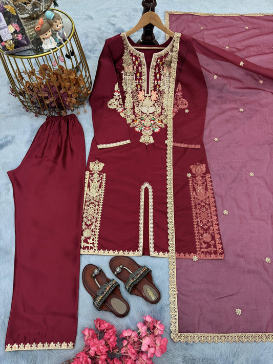 Designer Party-wear Natural Satin Silk With Embroidery Sequence & Coding Dori Work Suit